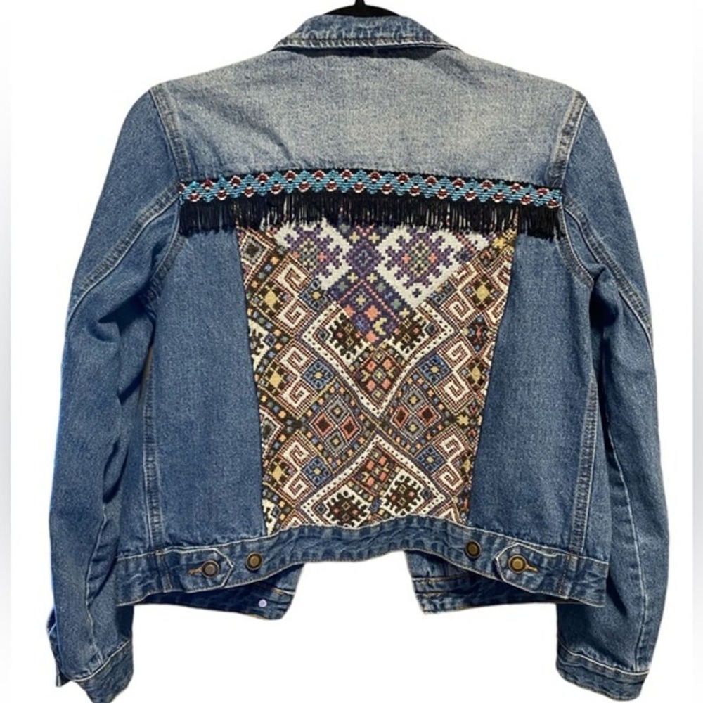 Style Me Denim Jacket Women's Size S Embroidered Back Bohemian Tassel Detailing